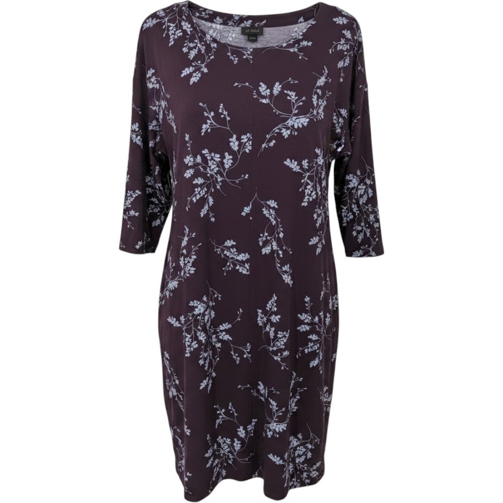 J Jill Wearever Collection Shift Dress Women Large Purple Floral 3/4 Sleeve Fall